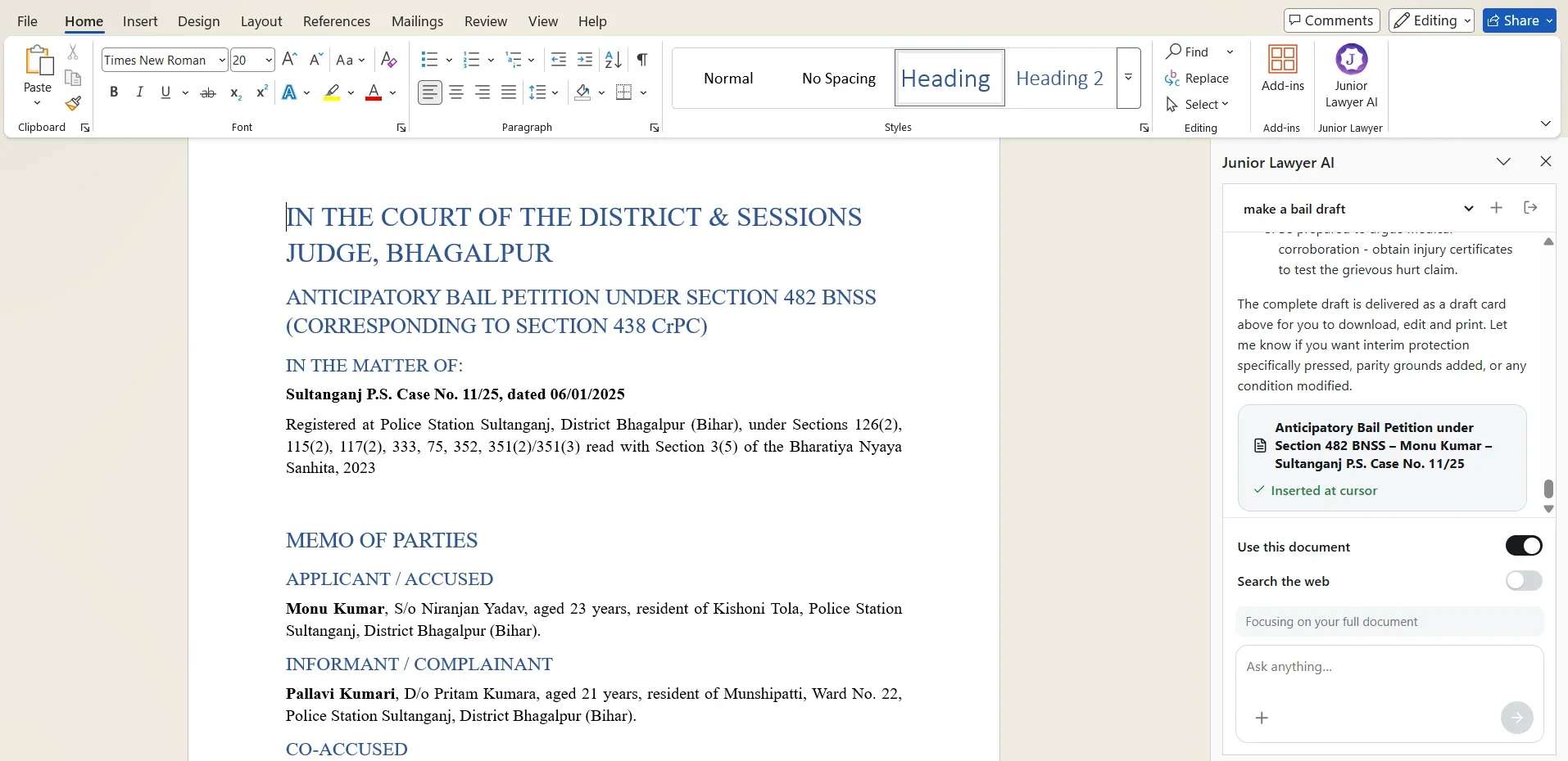 Microsoft Word displaying a bail application with the Junior Lawyer AI side panel and confirmation that the draft was inserted at the cursor