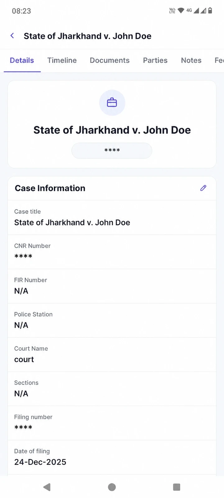 Case management details in the Juniorlawyer Android app