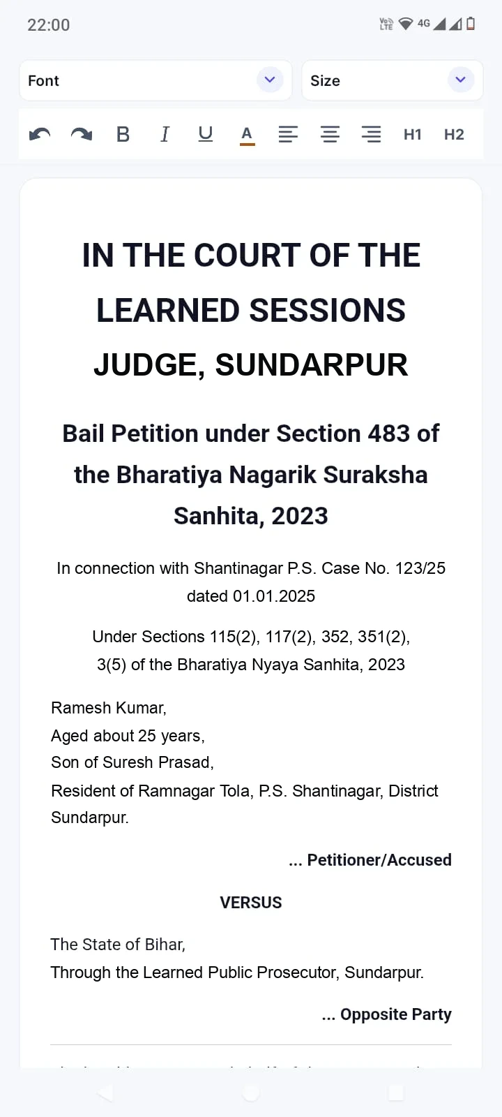 Drafting a bail petition in the Juniorlawyer Android app