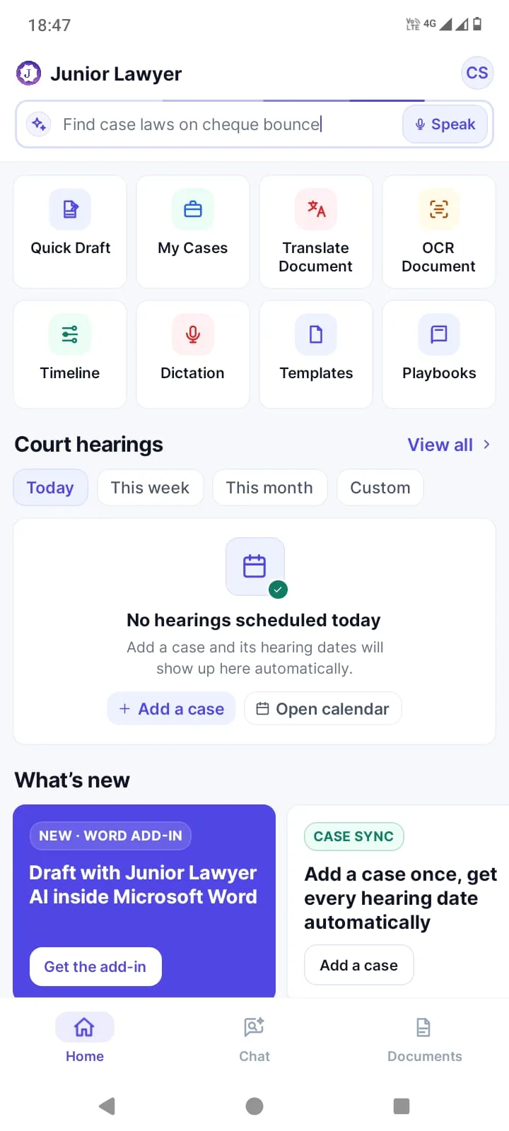 Juniorlawyer Android app home screen with legal practice tools