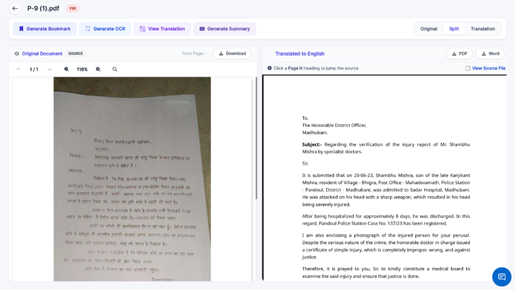 Split view showing the original blurred Hindi handwritten document on the left and its perfectly structured, English-translated equivalent on the right