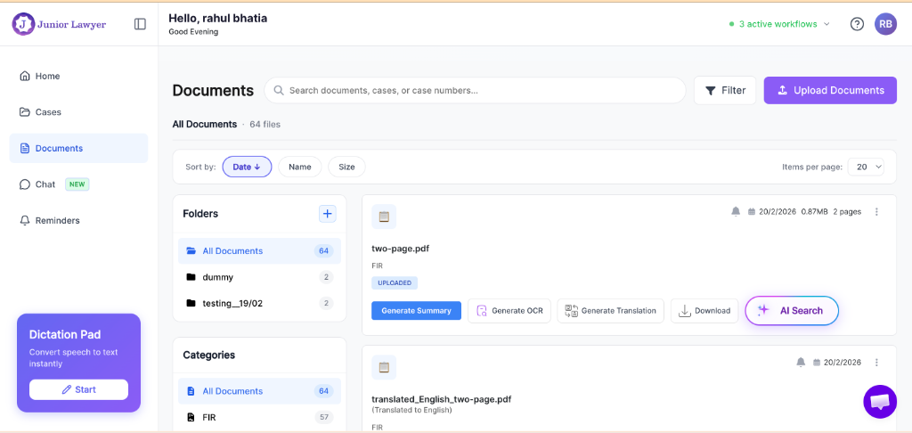 Documents screen showing the Upload Documents button and document list with Generate Translation option