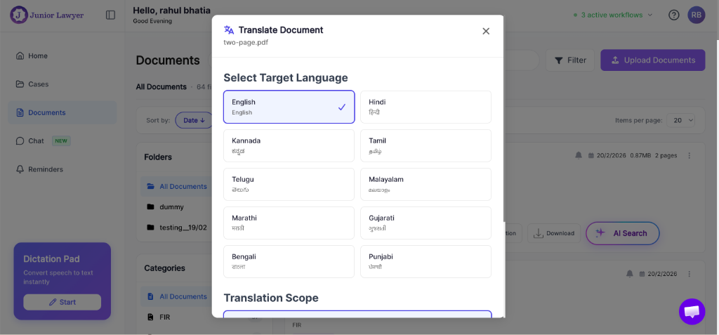 Translation popup showing language selection grid with English, Hindi, Kannada, Tamil, Telugu, Malayalam, Marathi, Gujarati, Bengali, and Punjabi options