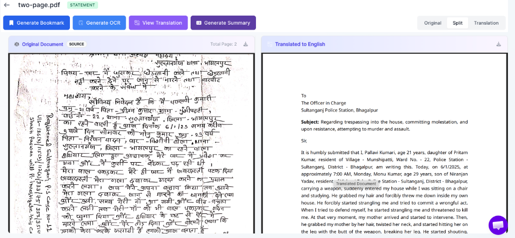 Side-by-side split view showing original Hindi handwritten FIR on the left and its accurately translated English version on the right