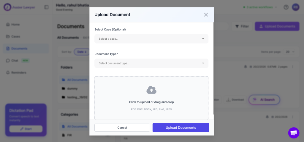 Upload Document modal showing case selection dropdown, document type selector, and file upload area
