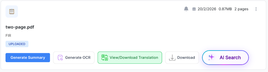 Document card showing the green View/Download Translation button alongside other action buttons